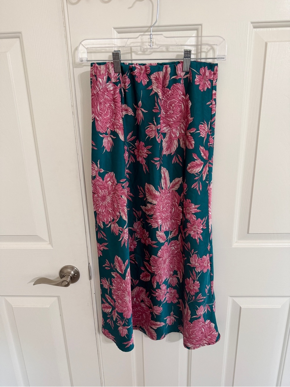 Abel The Label M Teal Pink Floral Satin Feel Maxi Skirt Boho Romantic